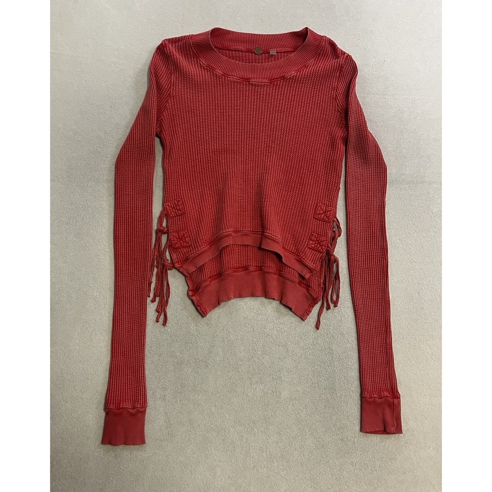 Free People FP One Boho Waffle Knit Pullover Top Women's Size XS Red 1640